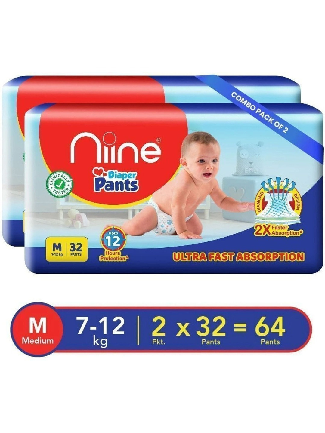 Niine Set Of 2 Cottony Soft Baby Diaper Pants - M- 32 Pants Each
