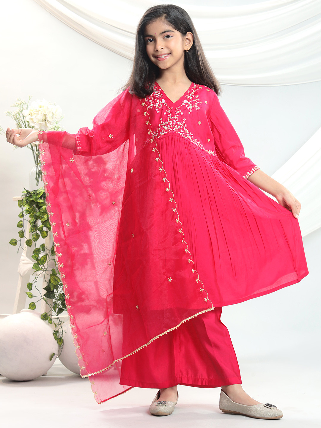 BAESD Girls Ethnic Motifs Yoke Design V-Neck Empire A-Line Kurta With Palazzos & Dupatta