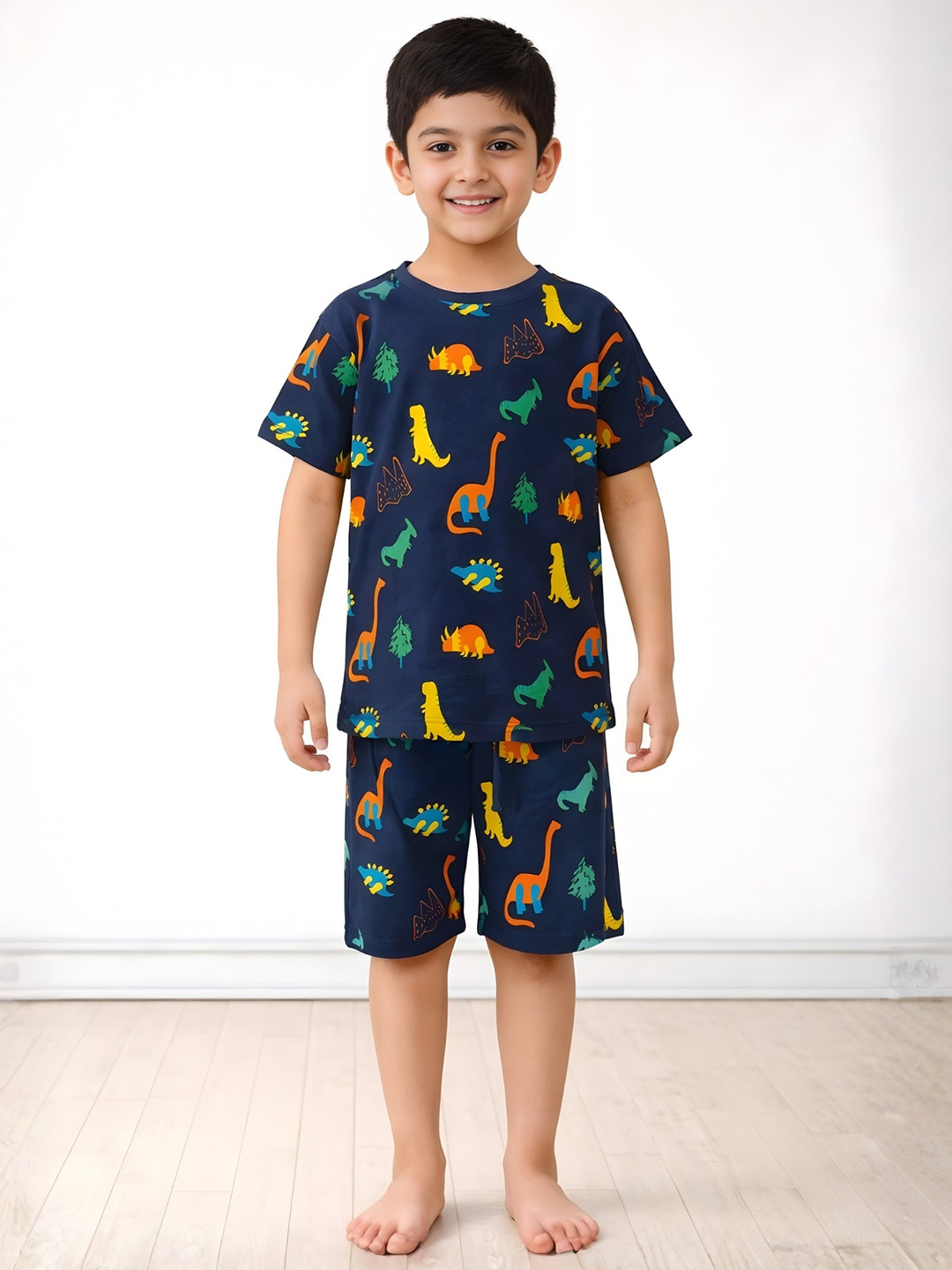 Anthrilo Kids Boys Dinosaur Fun Print Round Neck Pure Cotton Night Suit Set