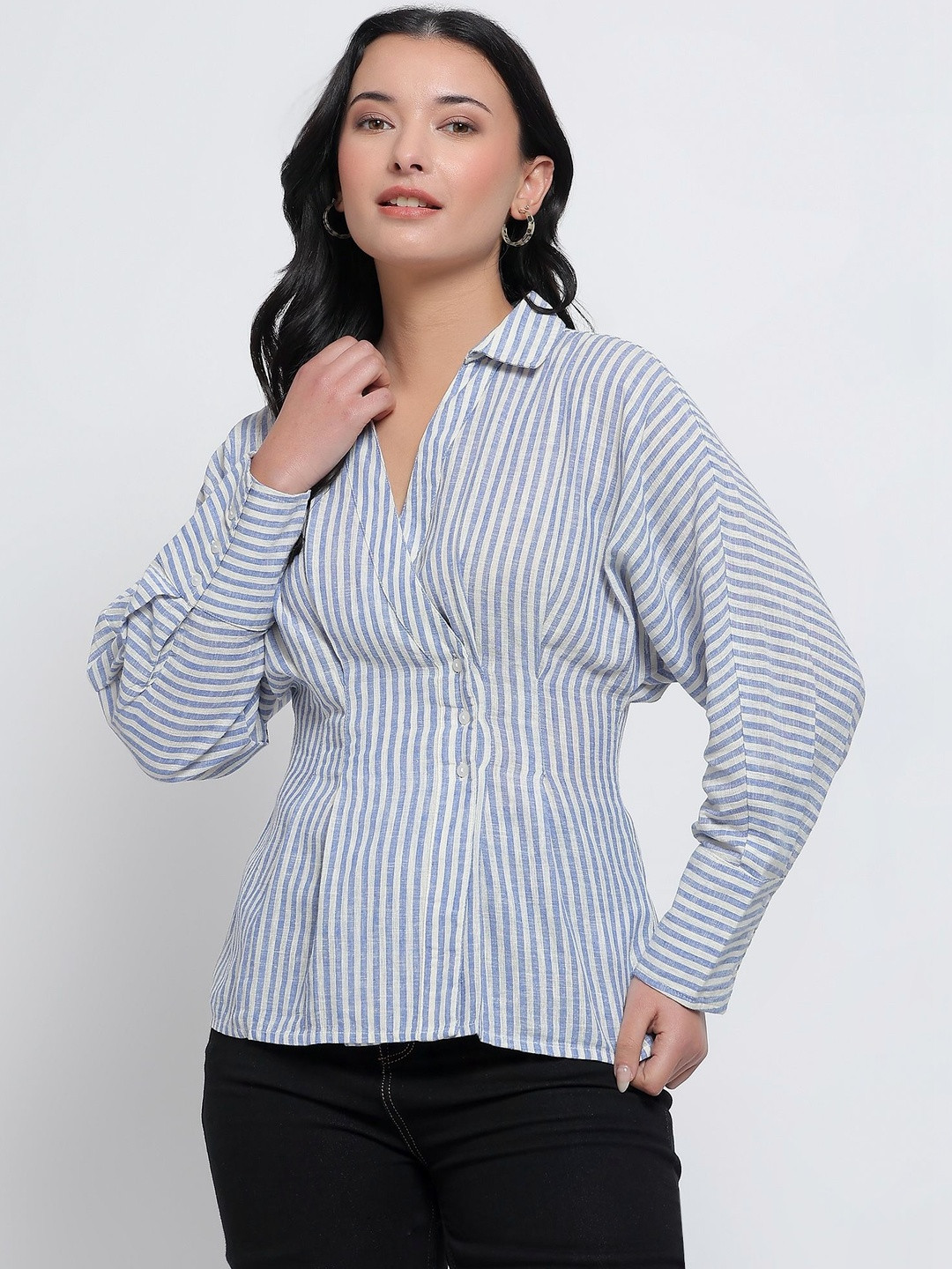 The Roadster Lifestyle Co Striped Cotton Linen Spread Collar Shirt