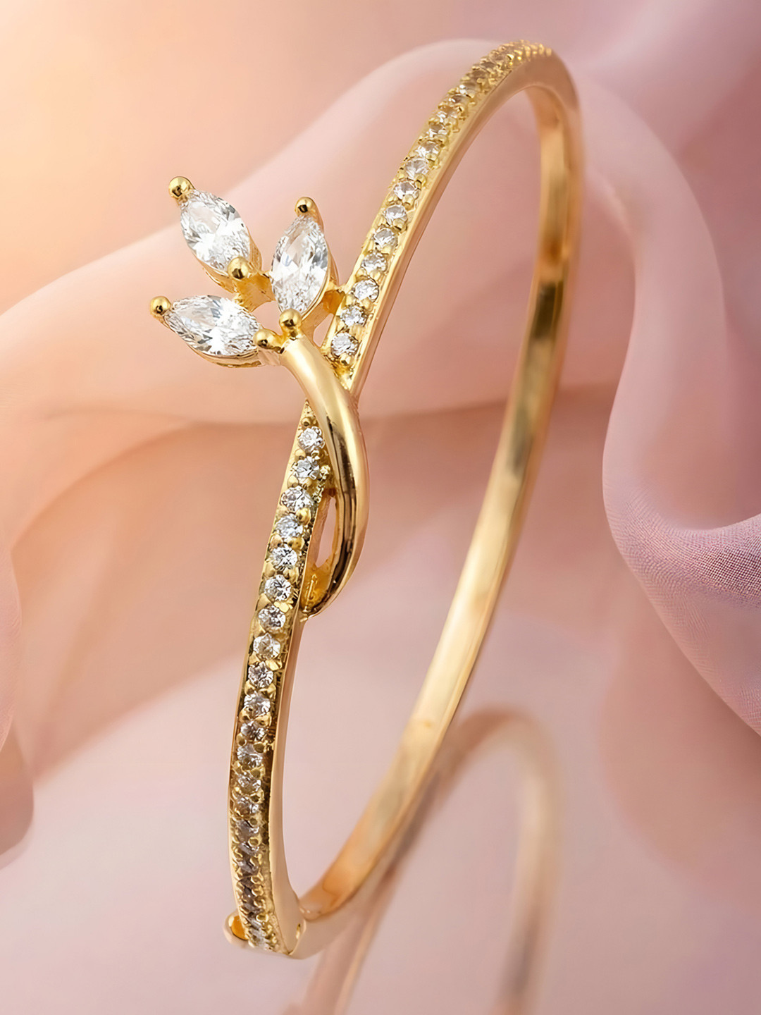 ADIVA 14K Gold-Plated Leaf Motif Cubic Zirconia Anti-Tarnish Bracelet