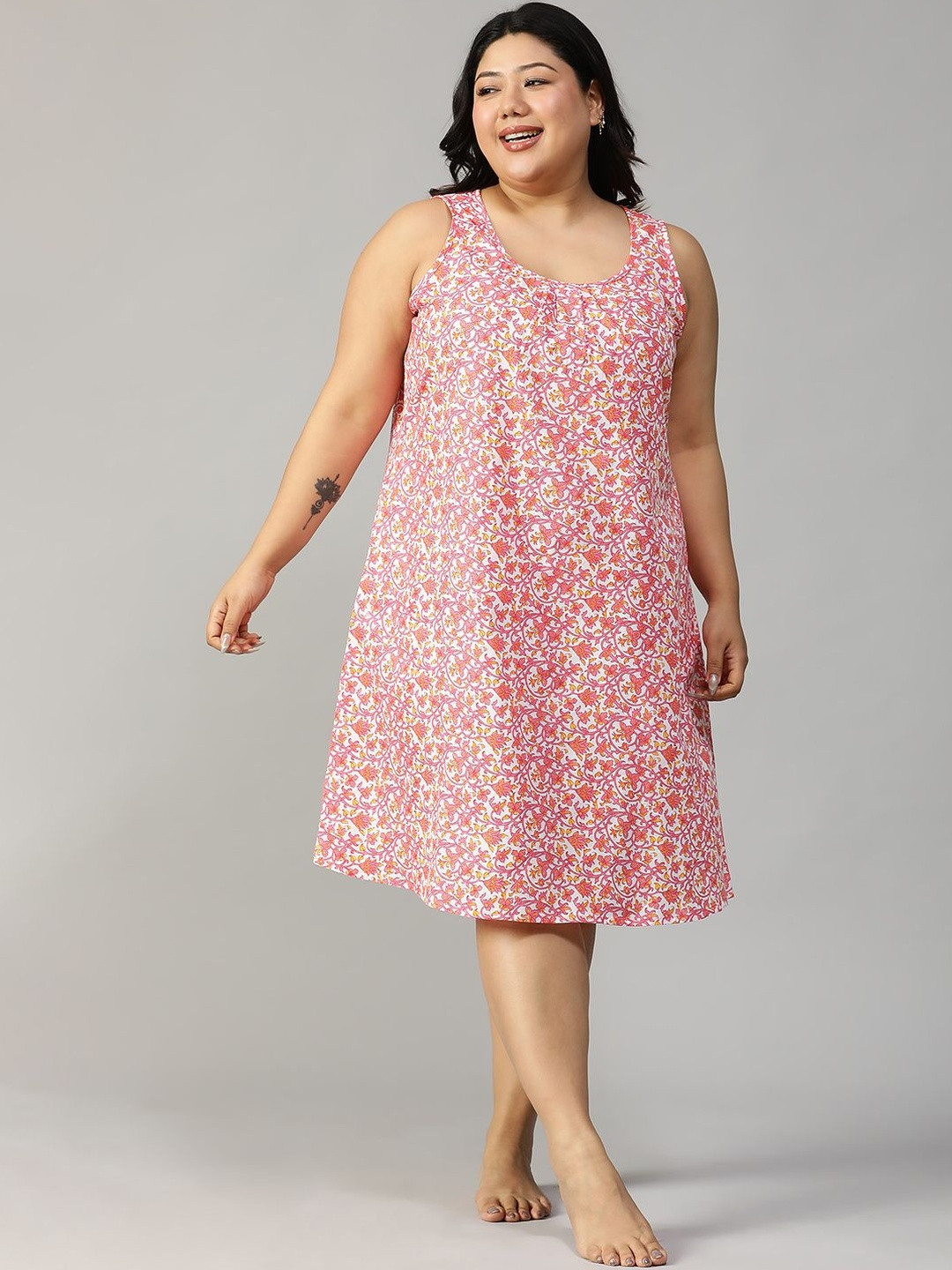 CLOCHOICE Women Plus Size Classic Cotton Pink Printed Sleepwear Nightdress