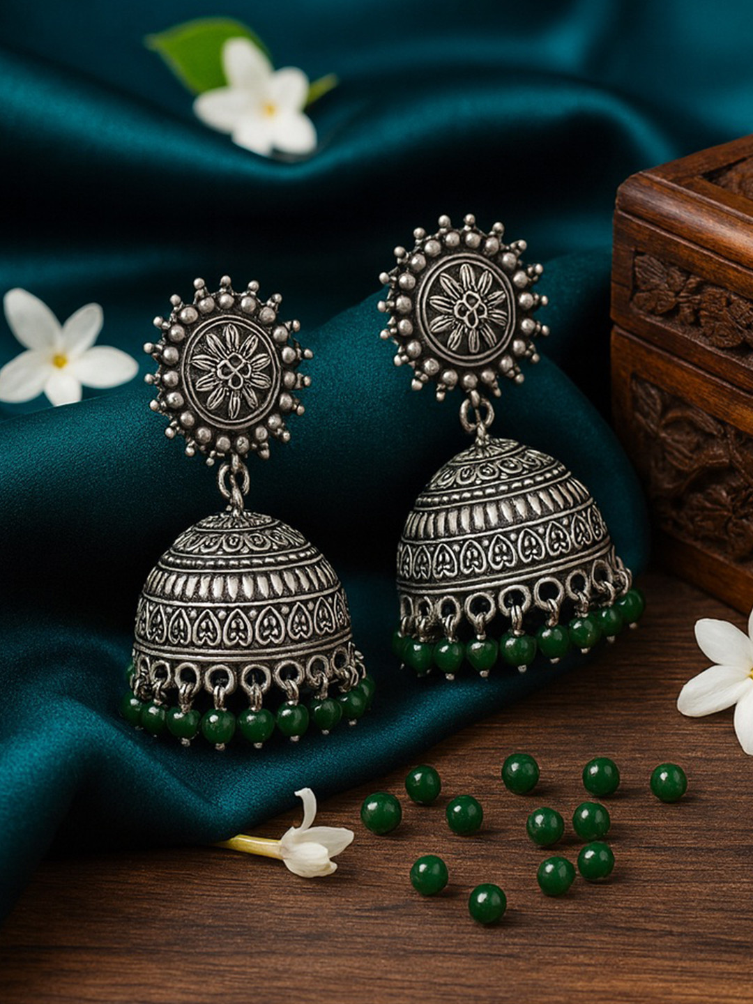 JEWELOPIA Silver-Plated Artificial Beaded Oxidised Dome Shaped Jhumkas