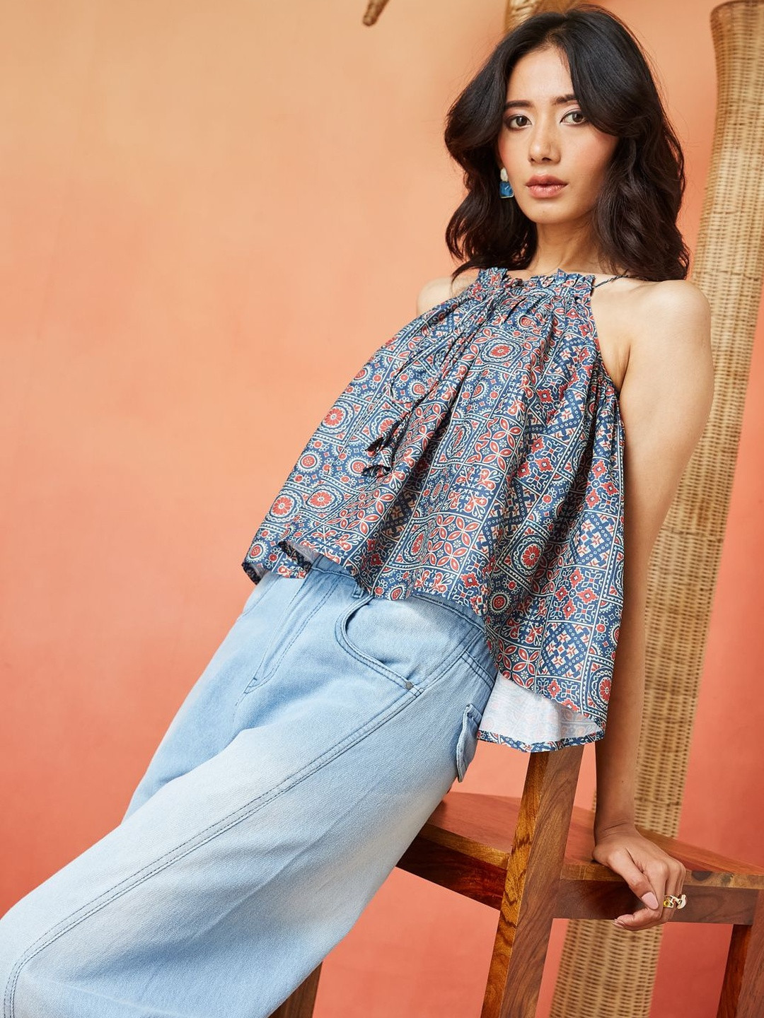 Sangria FUZN Print Halter Neck Ethnic Crop Top