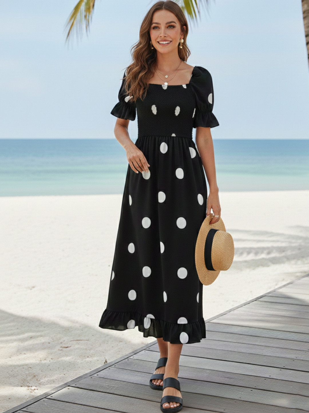 GENZILOOKS Polka Dot Print Puff Sleeve A-Line Midi Dress