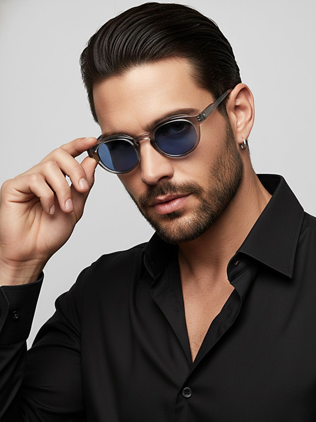 David Martin Unisex Blue Lens & Grey Round Sunglasses with