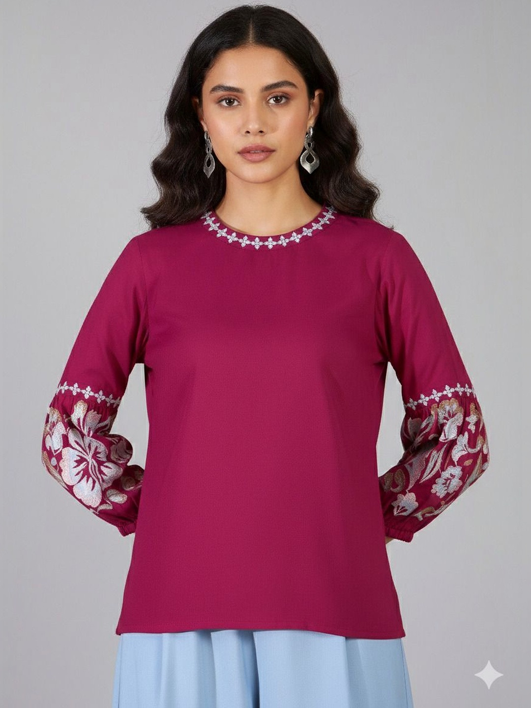 Magenta Floral Embroidered Bishop Sleeves Casual Top