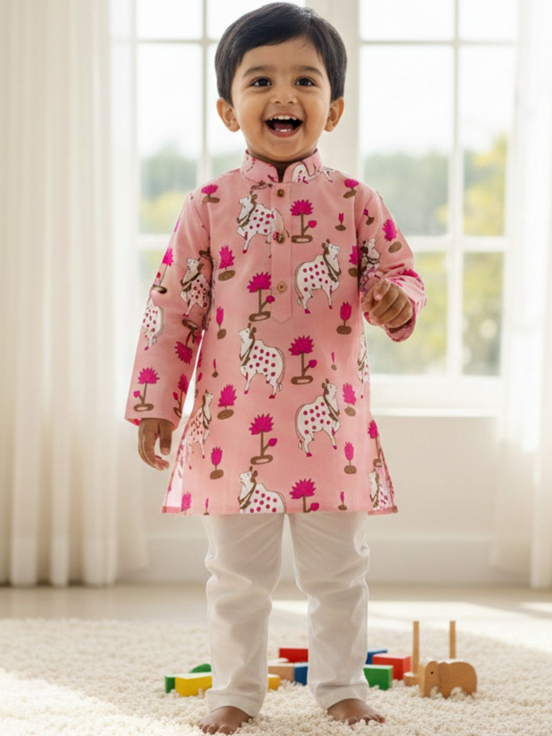 LABELZERO Unisex Kids Ethnic Motifs Printed Regular Pure Cotton Kurta with Pyjamas