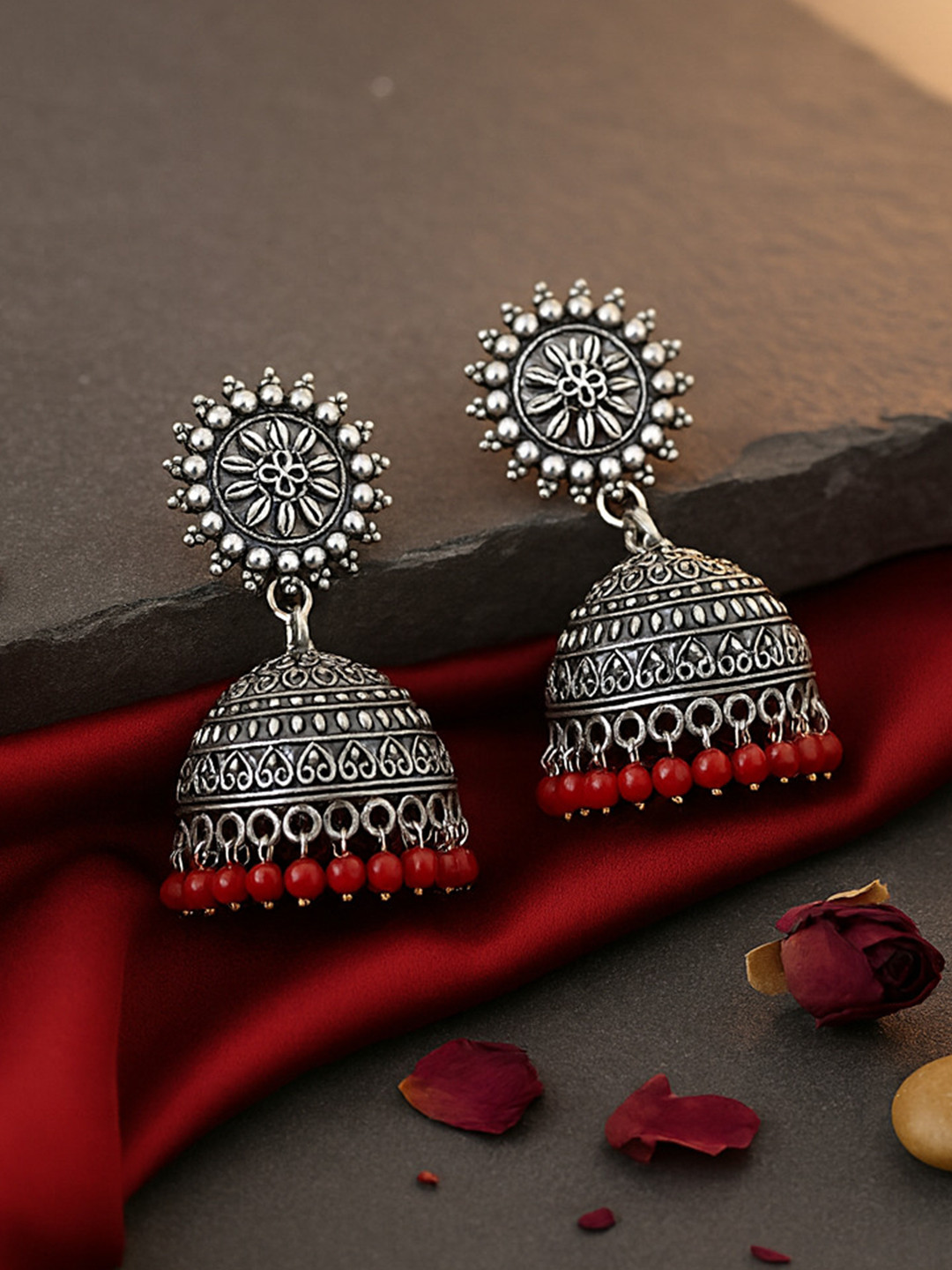 JEWELOPIA Silver-Plated Artificial Beaded Oxidised Dome Shaped Jhumkas