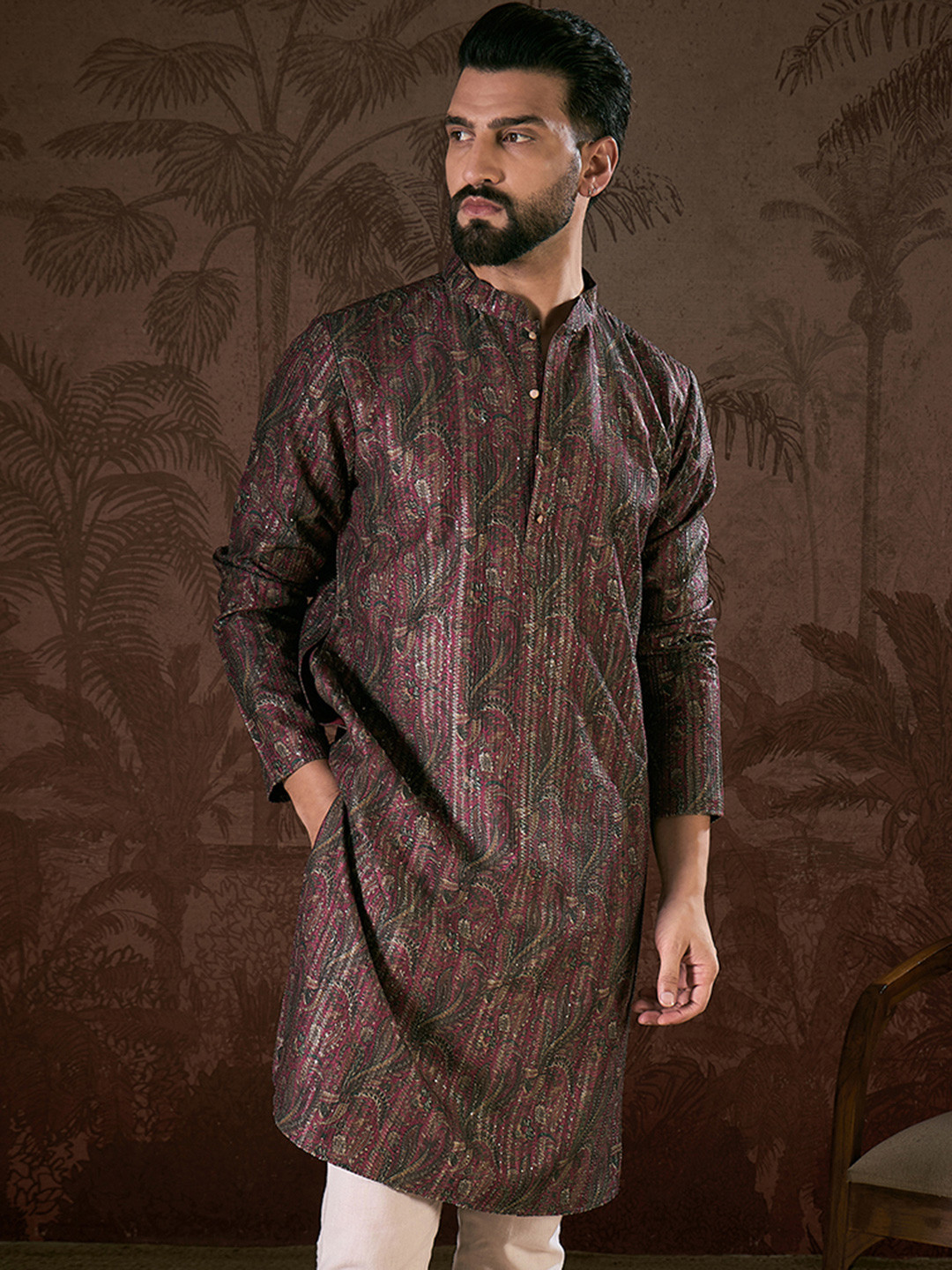 House of Pataudi Printed Mandarin Collar Calf Length Straight Kurtas