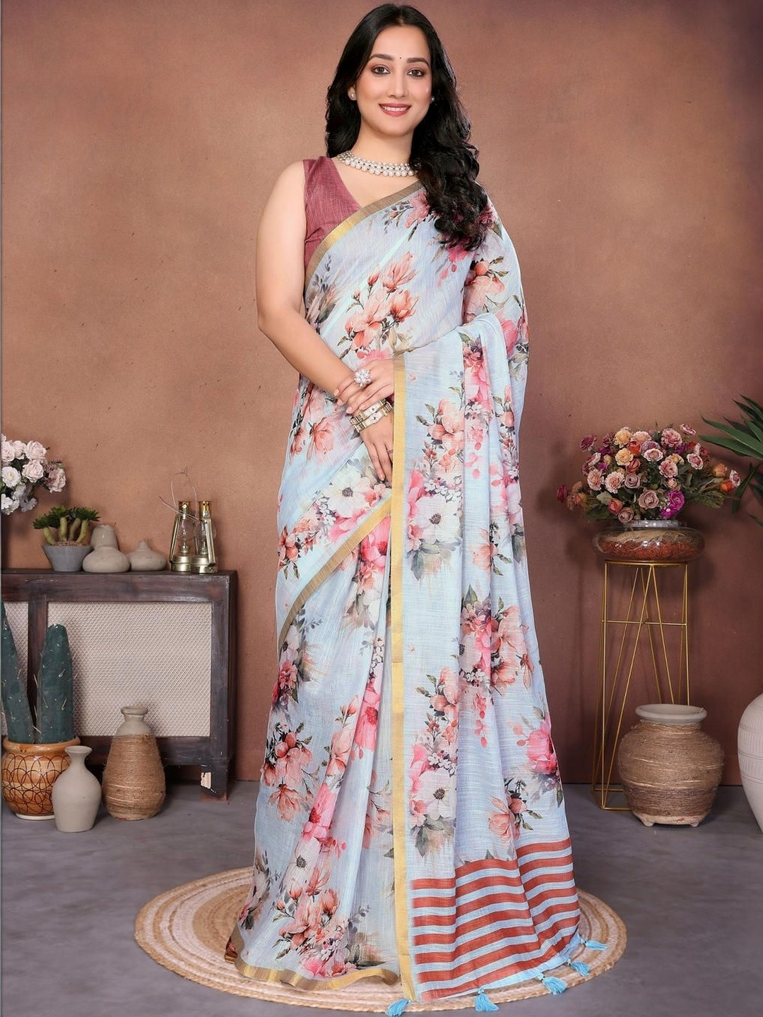 SAMANTHA Floral Pure Linen Saree