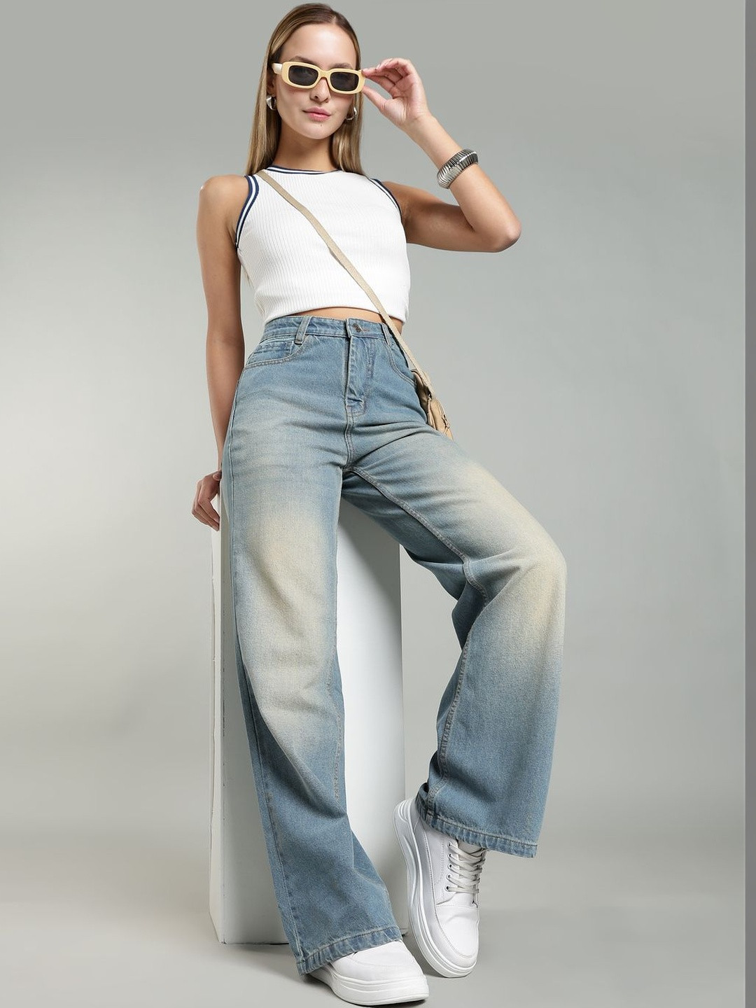 FOUL CHILD Women Wide Leg High-Rise Light Fade Jeans