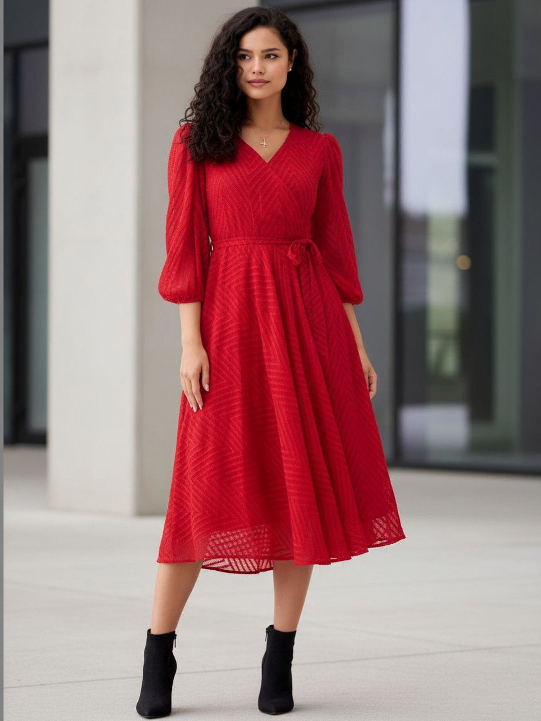 BLUE PIEGEON Puff Sleeve Crepe Midi Dress