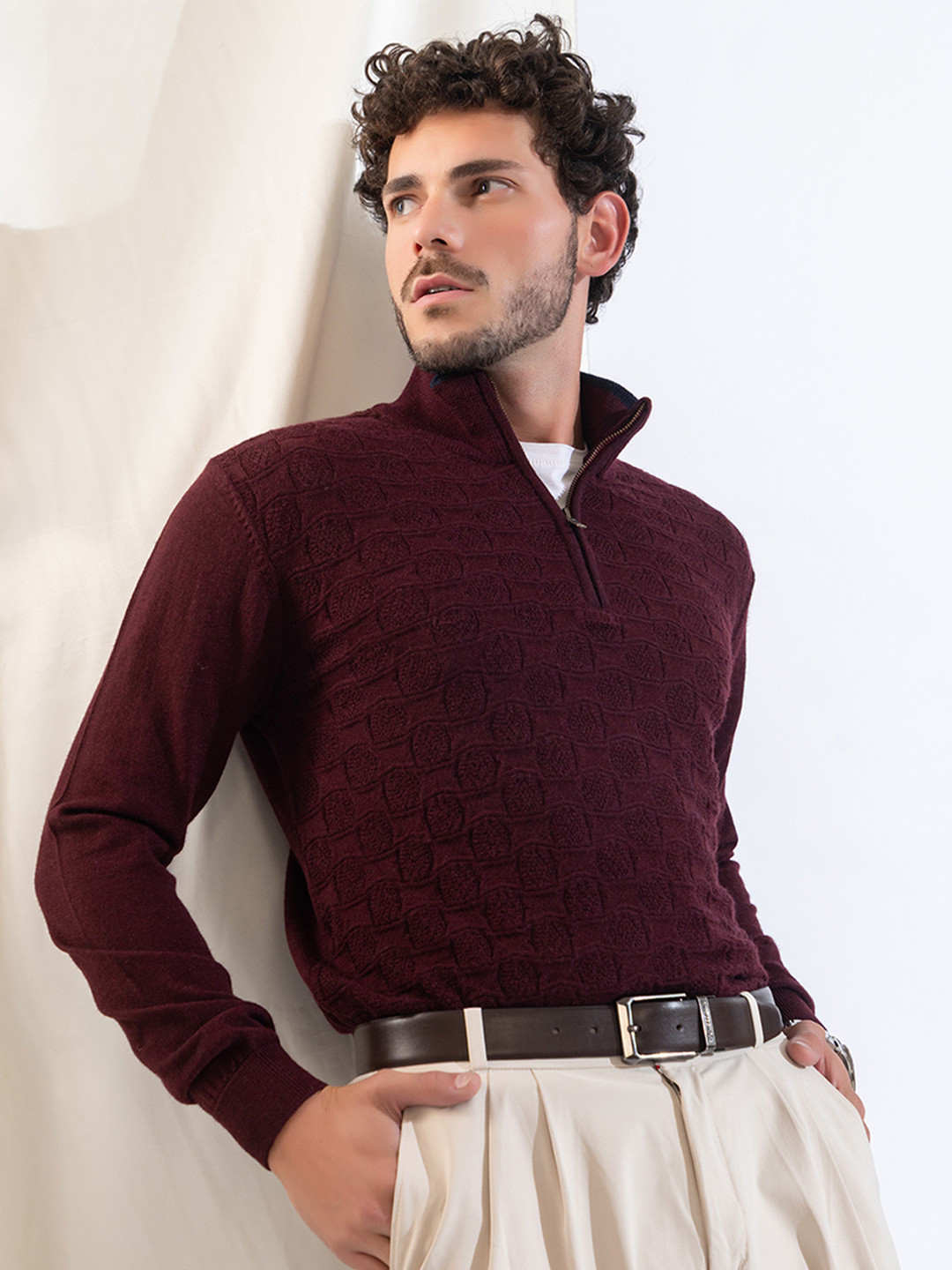ARMISTO Burgundy Woollen Cable Knit Zip Sweater