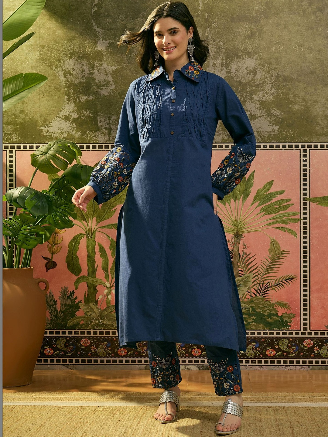 Sangria Embroidered Pure Cotton Shirt Collar Kurta & Trousers Kurta Sets