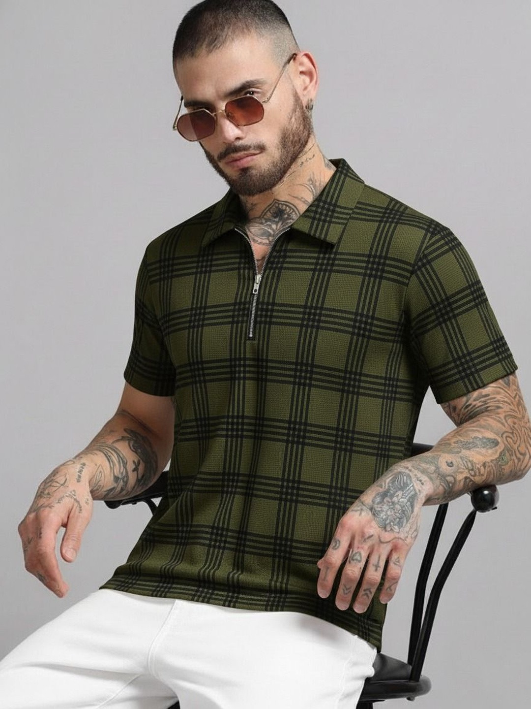 R.Code by The Roadster Life Co. Men Checked Polo Collar T-shirt