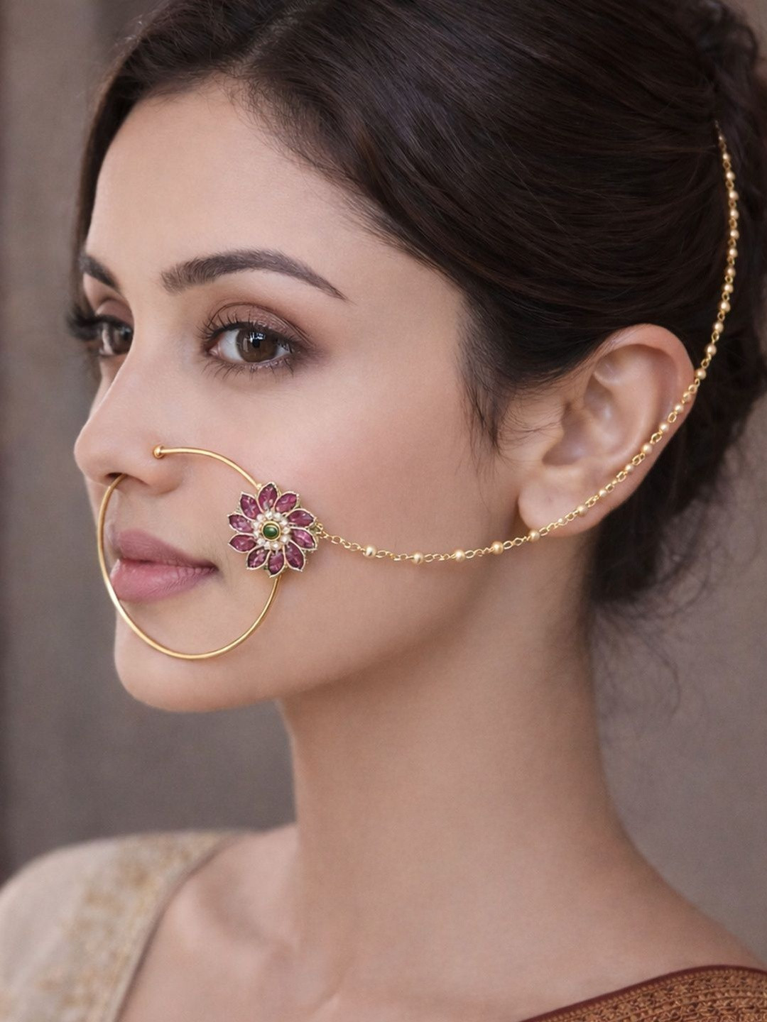 SUGARFRILL Gold-Plated Kundan Chained Nosepin