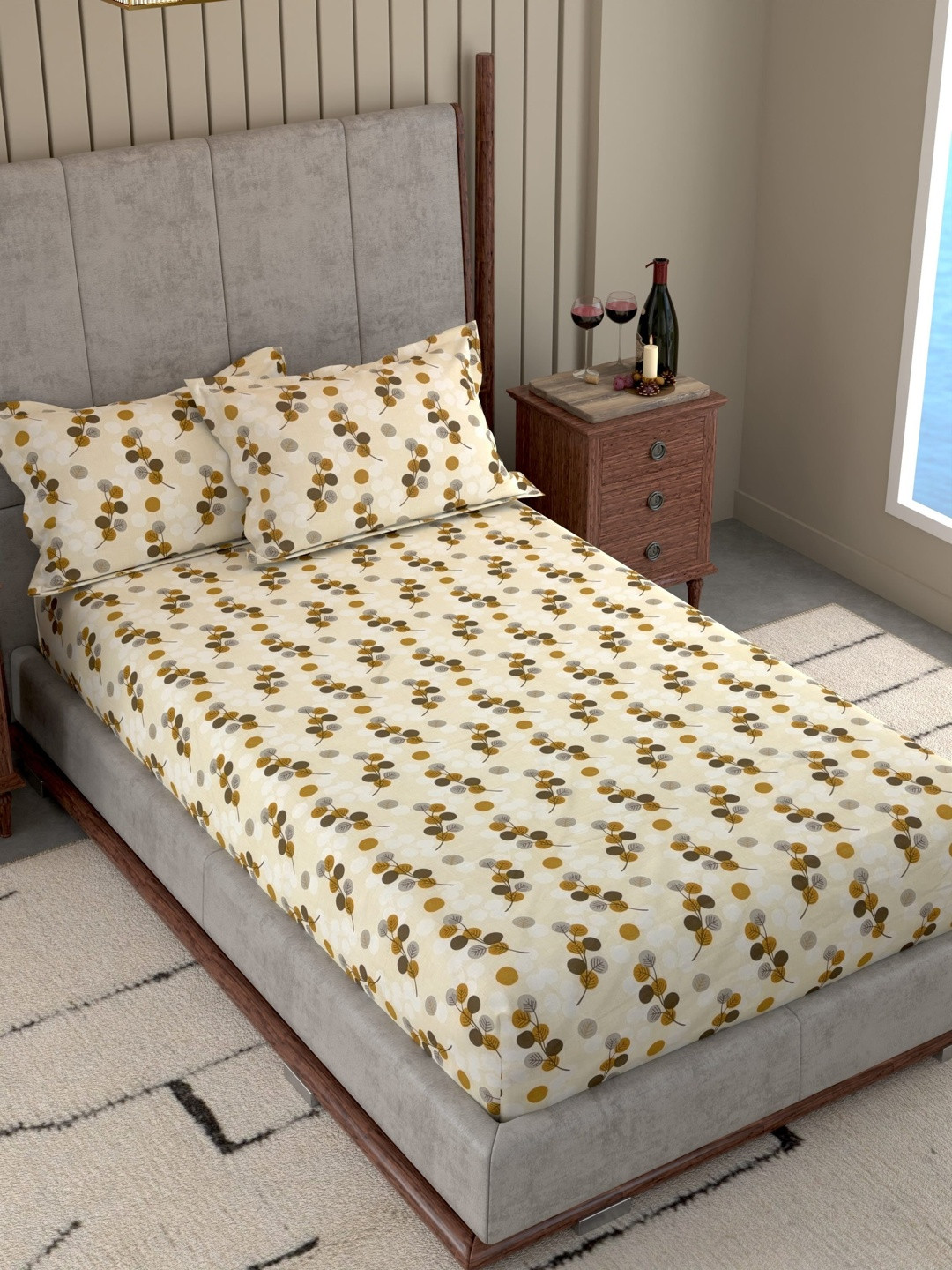 Pure Decor Cream Floral Cotton 180TC Large Single Bedsheet With 2 Pillow Covers 1.73X2.36M
