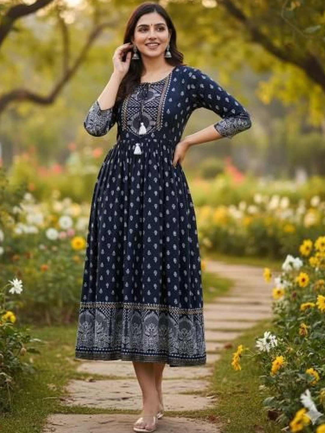 Sanganeri Kurti Ethnic Motifs Print A-Line Midi Dress