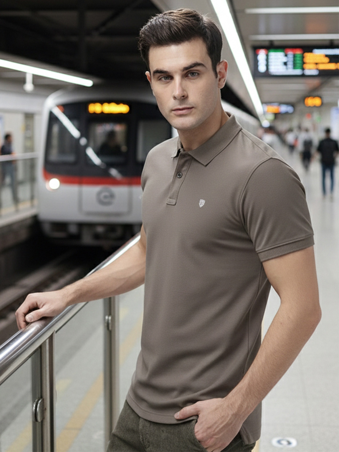 Taupe Polo Collar T-shirt with Brand Logo
