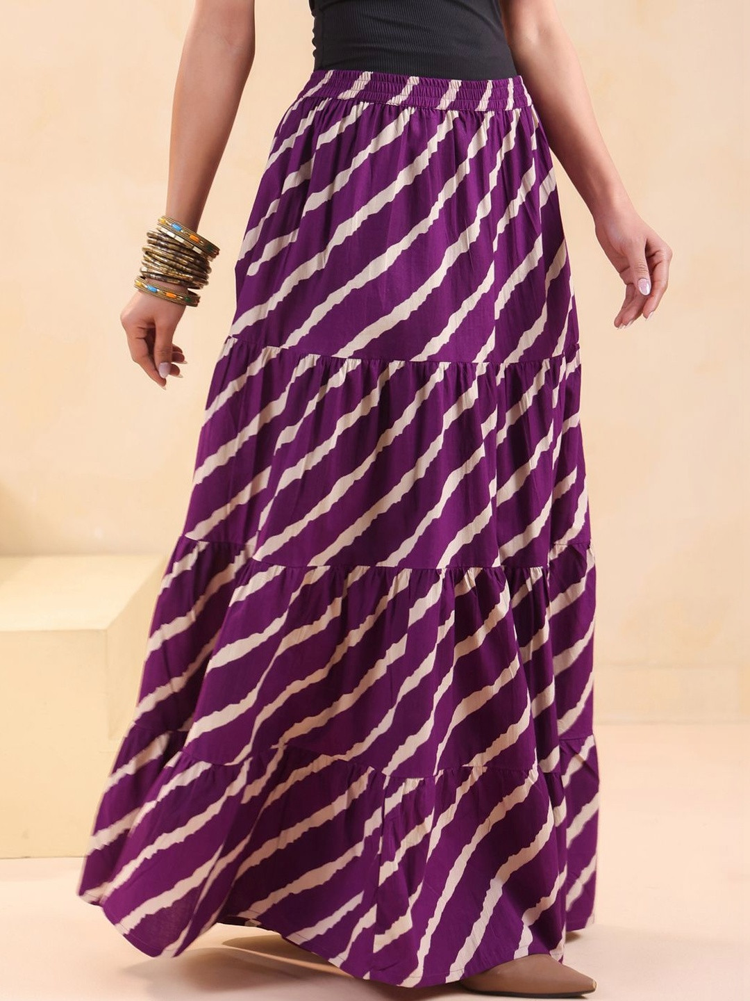 Rimeline Women Pure Cotton Cotton Cambric Self Design Maxi Flared Skirt