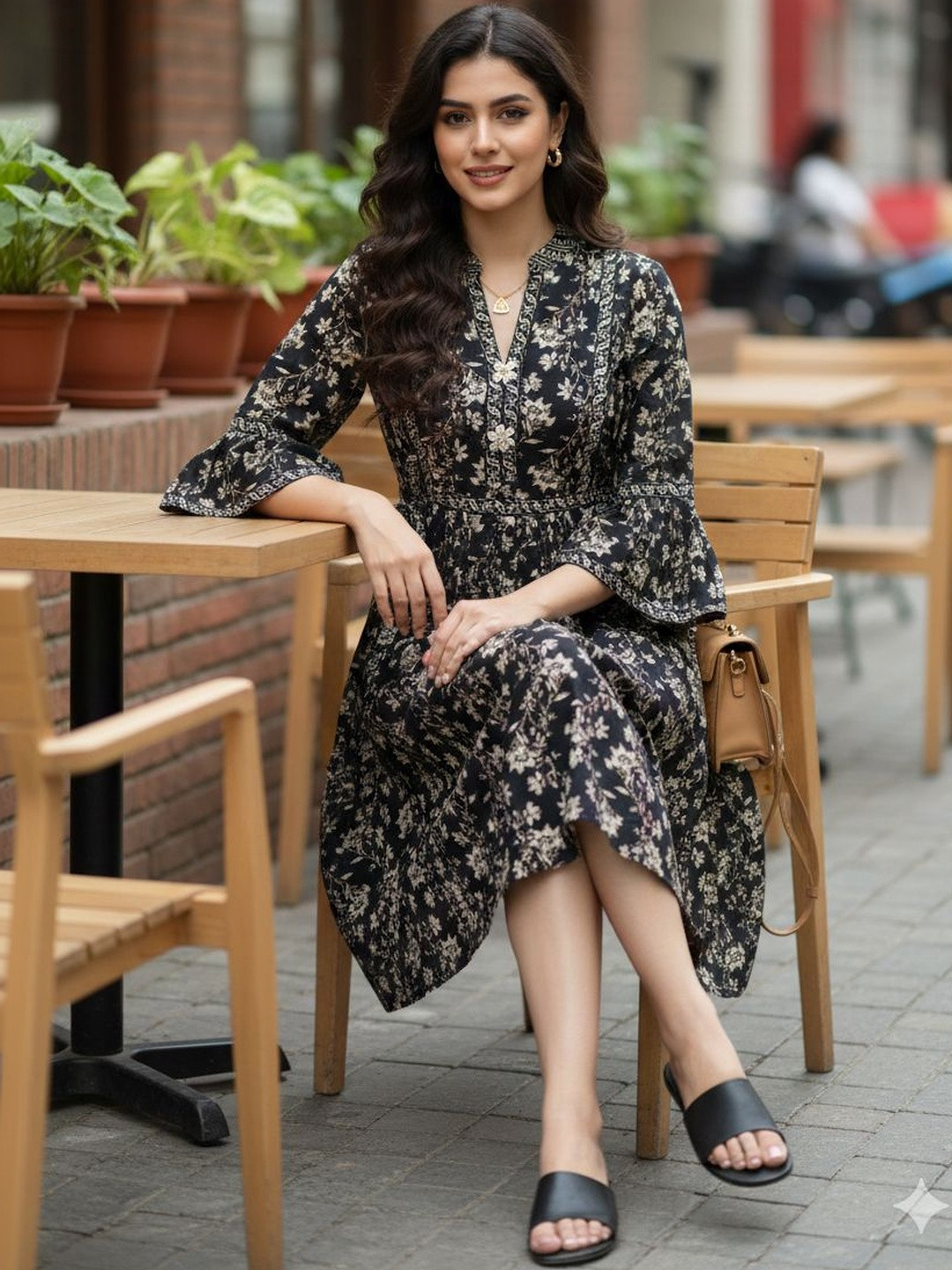 KALINI Floral Print Flared Sleeve Fit & Flare Midi Dress