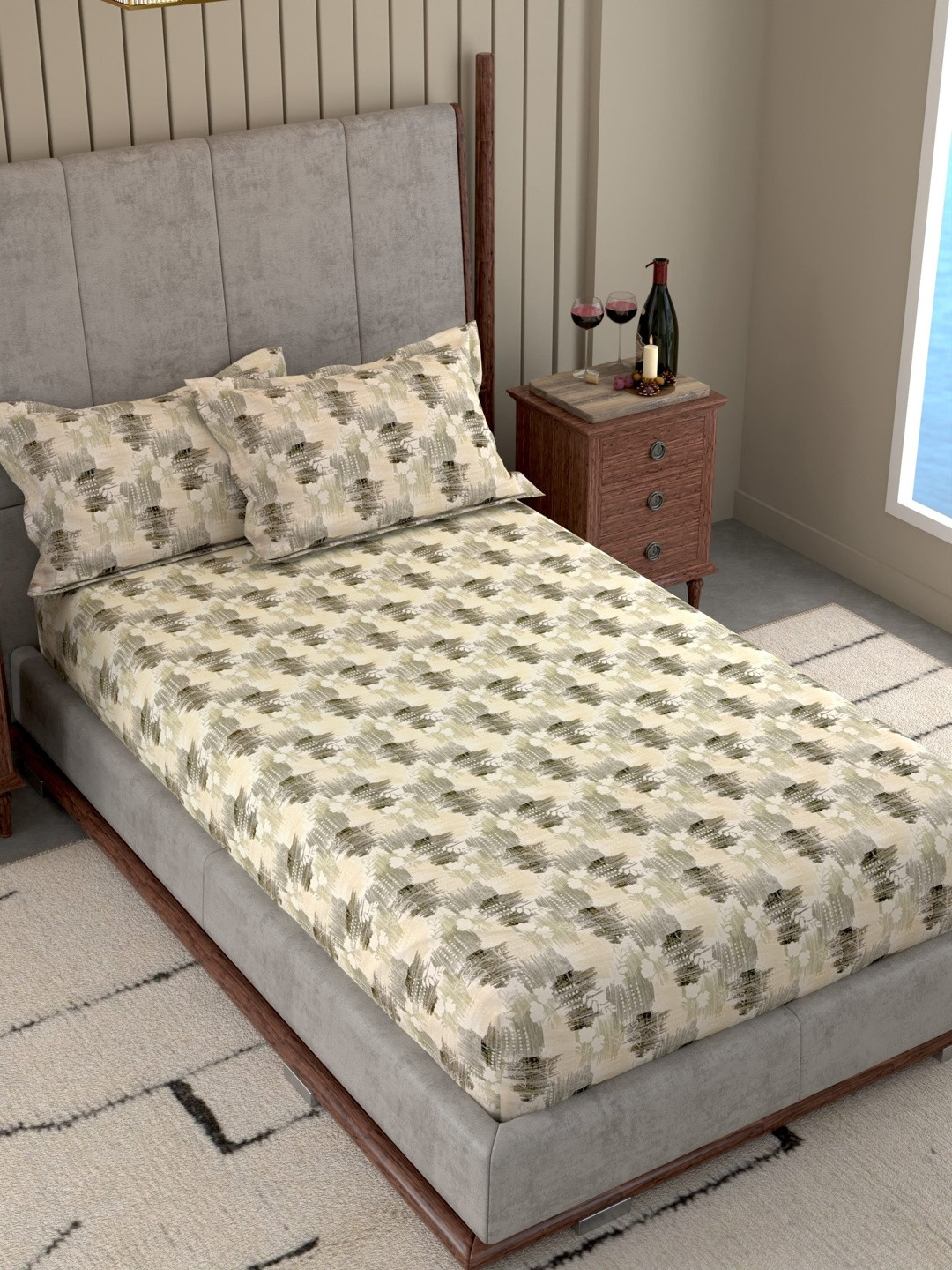 Pure Decor Cream Floral Cotton 180TC Large Single Bedsheet With 2 Pillow Covers 1.73X2.36M