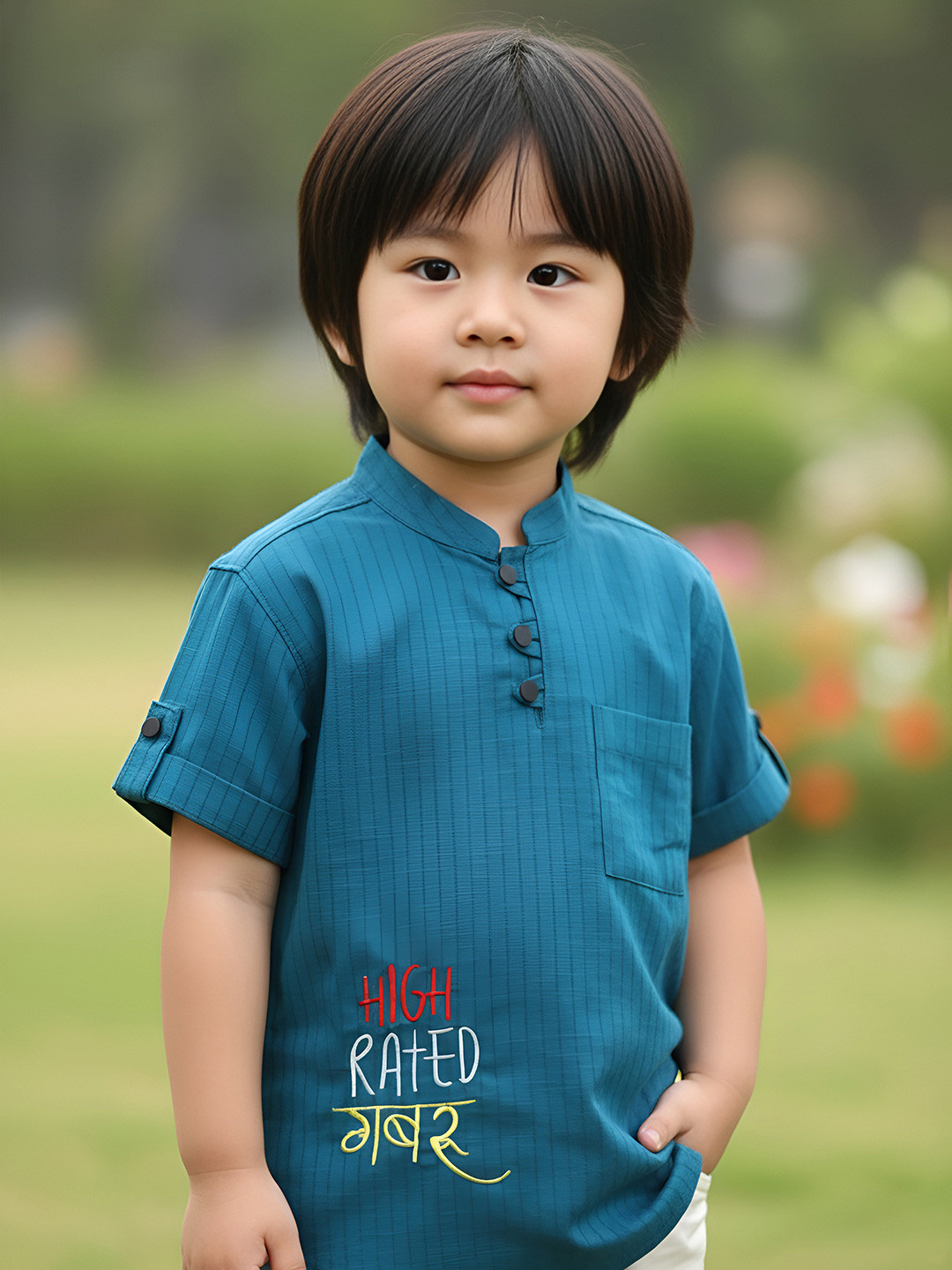 Polka Tots Boys Striped Embroidered Thread Work Band Collar Straight Kurta