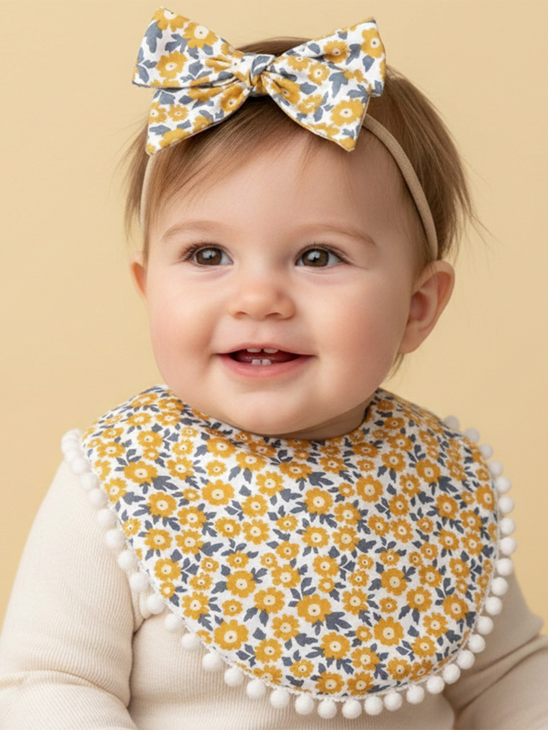 Polka Tots Infant Girls Printed Cotton Bow, Headband With Bib