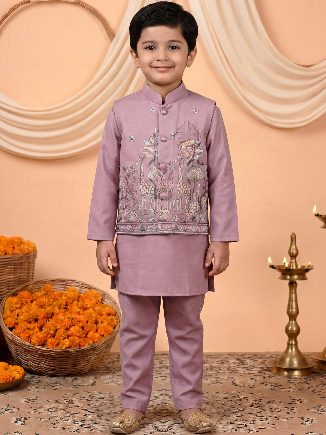 BT DEZINES Jacket Embroidered Floral Ethnic Motifs Printed Kurta Pyjama Set