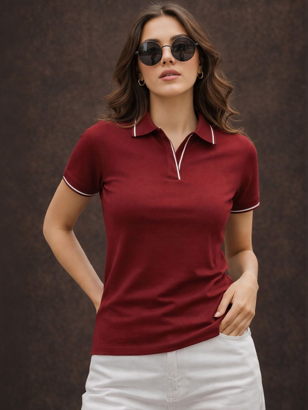 LASOON Women Polo Collar Slim Fit T-shirt
