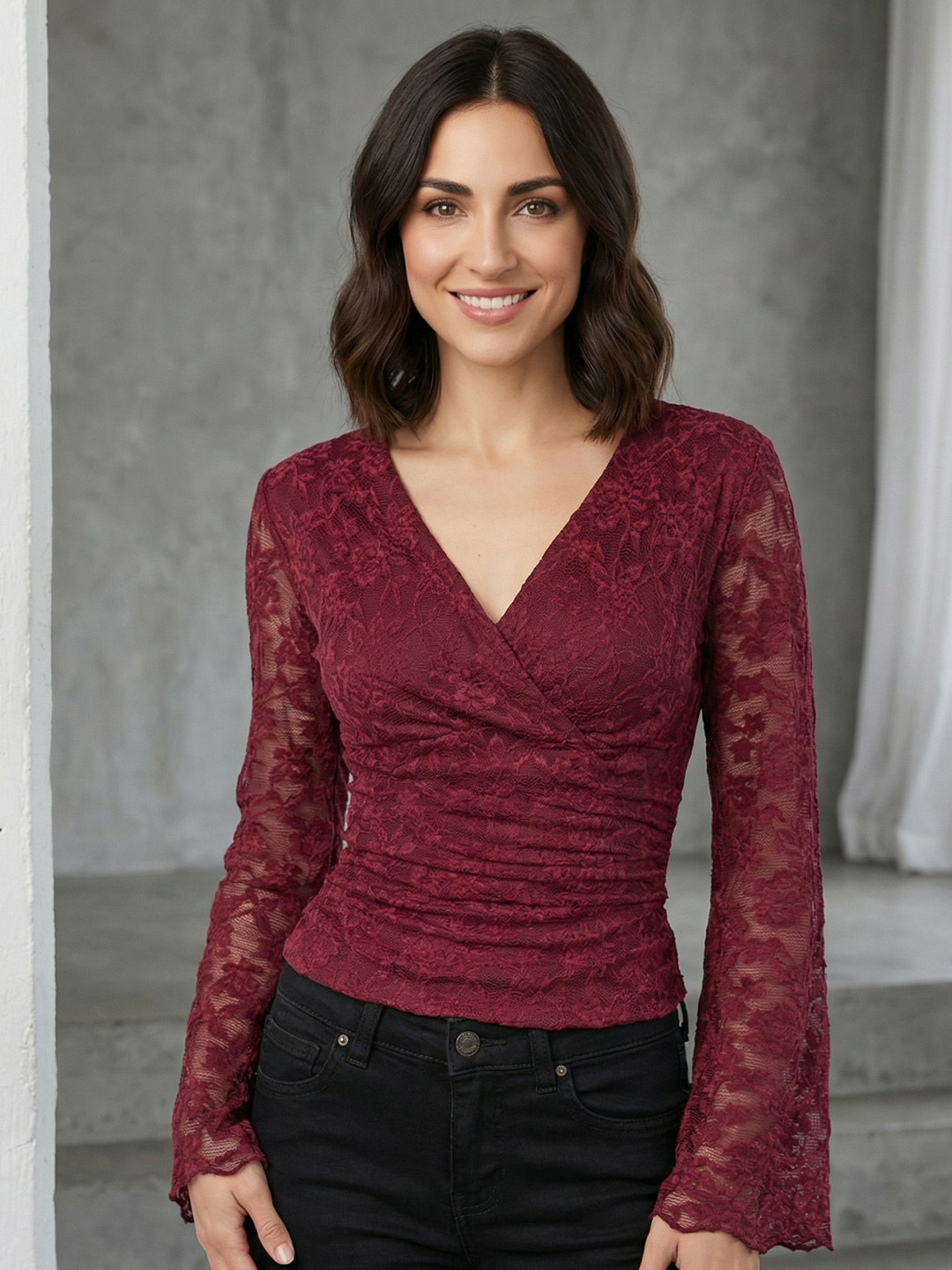 Zucchini Embroidered Bell Sleeve Wrap Top