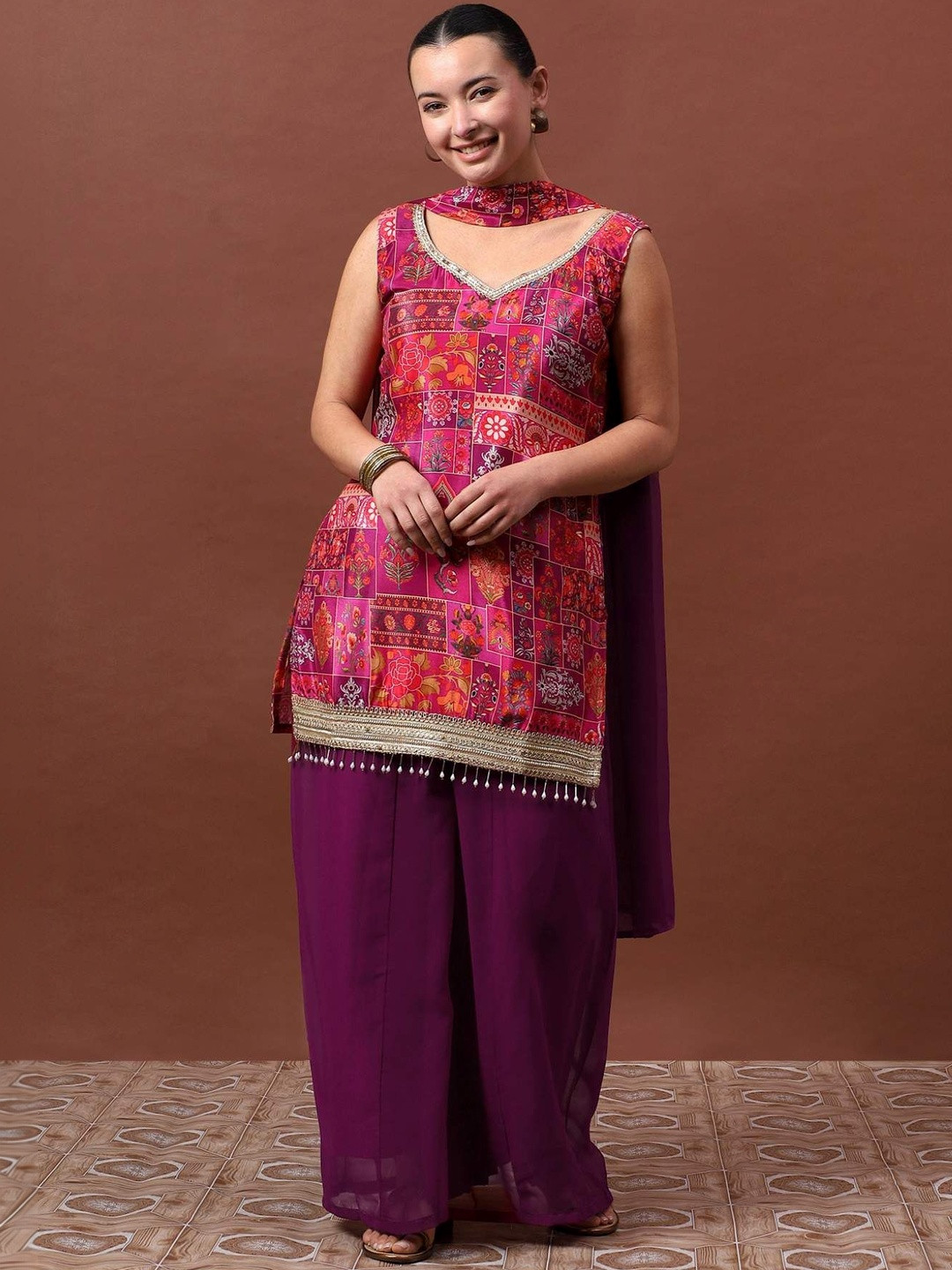 NIRYA Women Ethnic Motifs Printed Regular Gotta Patti Kurta with Palazzos & With Dupatta