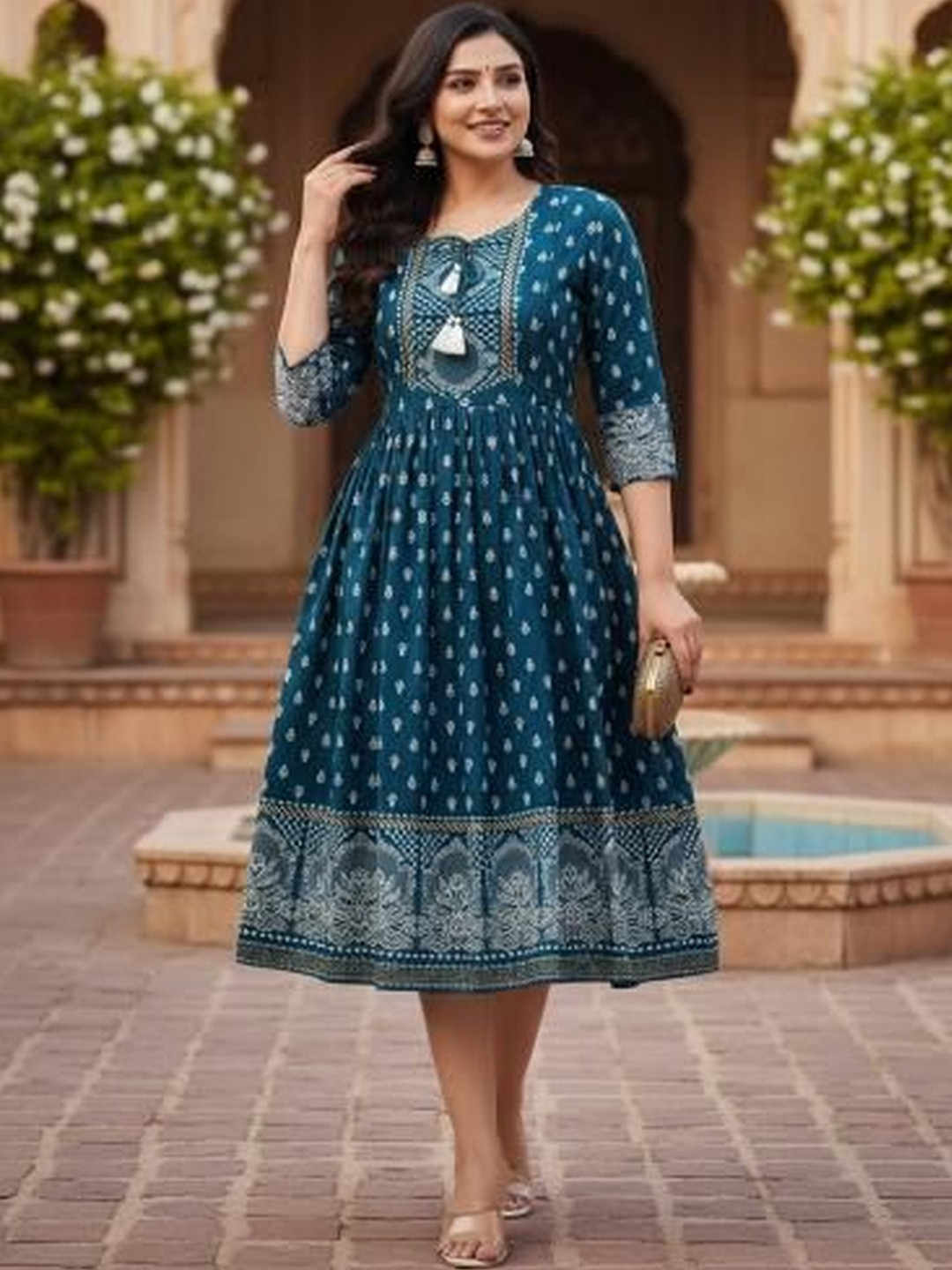 Sanganeri Kurti Ethnic Motifs Print Fit & Flare Midi Dress