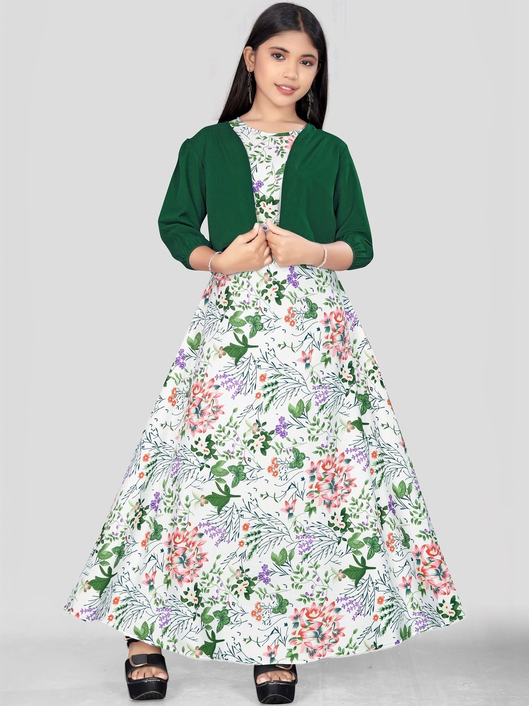 KRASRENAR Girls Floral Printed Puff Sleeves Fit & Flare Dress