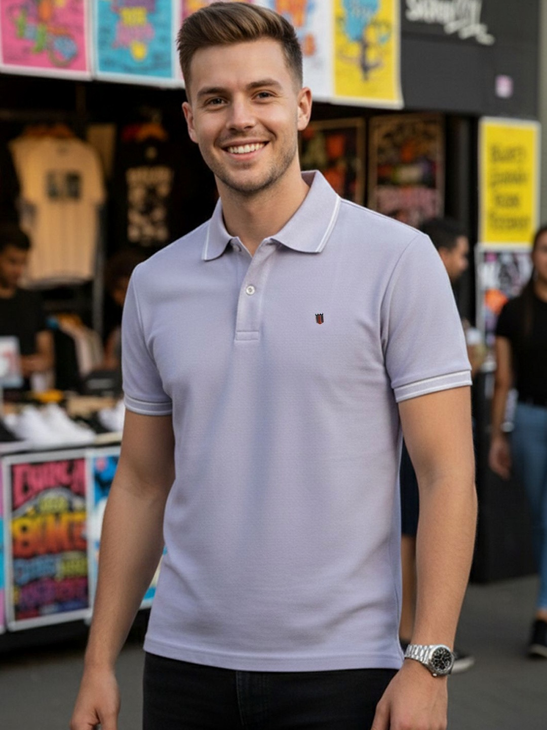 GENZA Men Brand Logo Polo Collar Pockets T-shirt