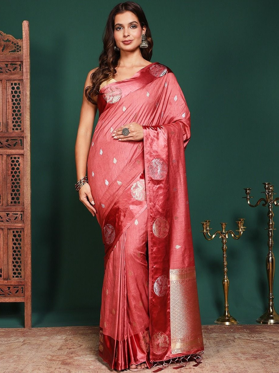 Meena Bazaar Ethnic Motifs Zari Art Silk Saree