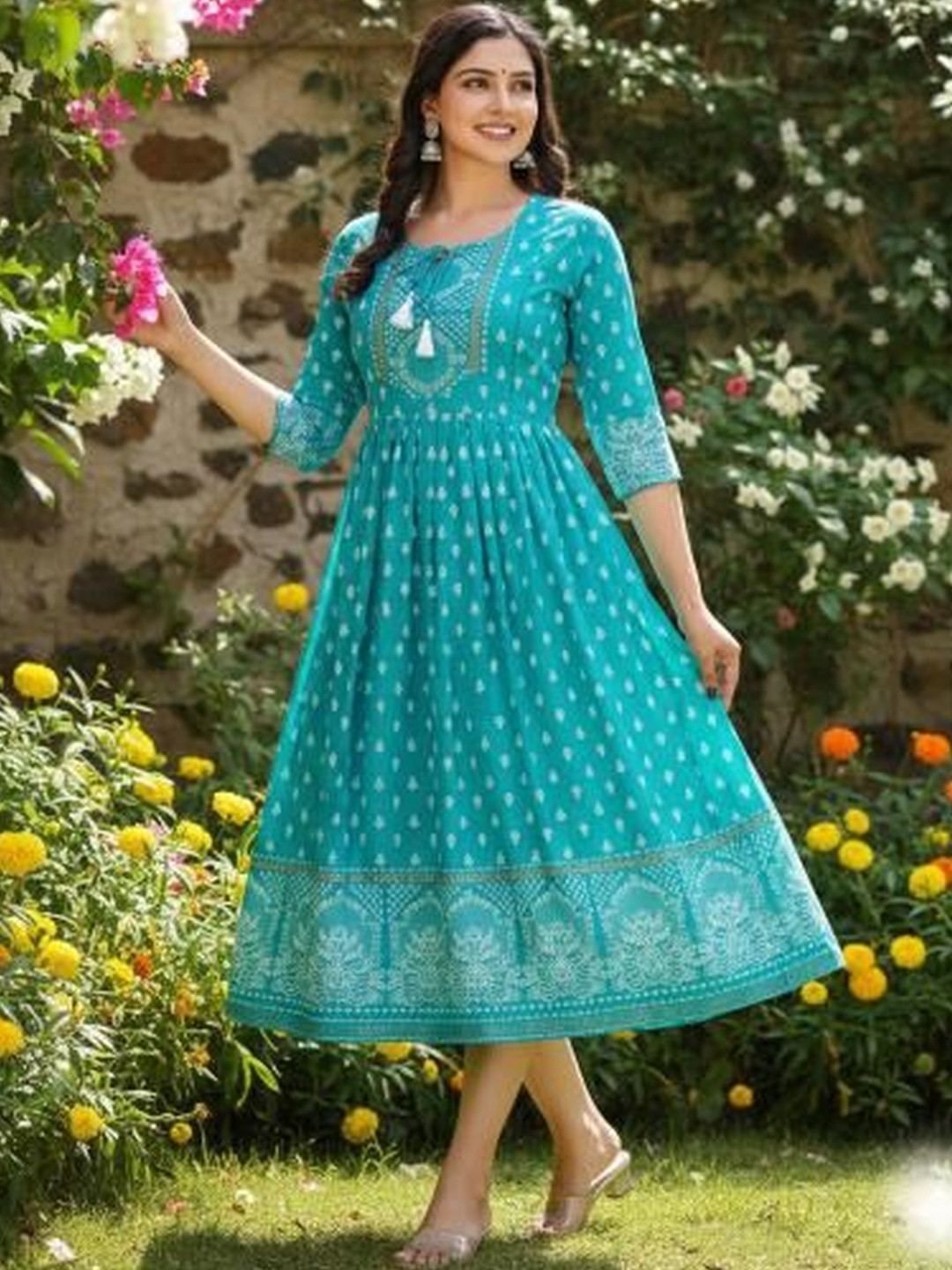 Sanganeri Kurti Ethnic Motifs Print A-Line Dress