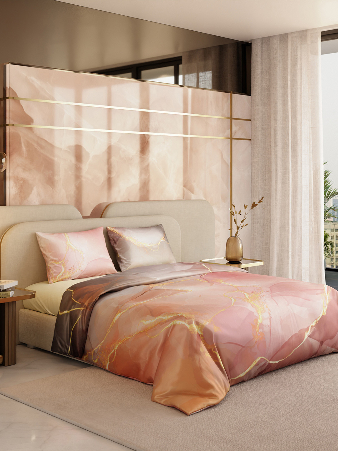 Stoa Paris Louvre Peach-Coloured & Gold-Toned Satin King Regular Bedding Set