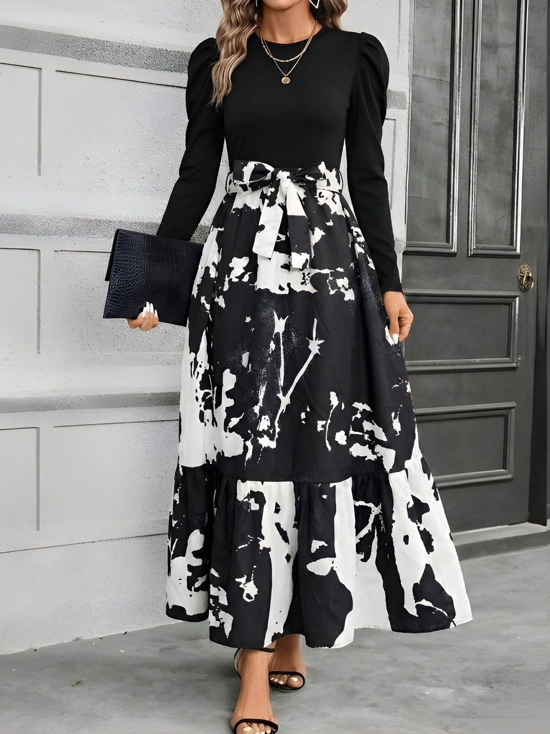 AmorLuxe Print Puff Sleeve Ruffled A-Line Maxi Dress