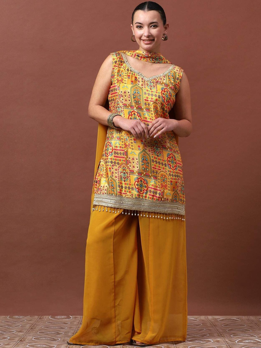 NIRYA Women Ethnic Motifs Printed Regular Thread Work Kurta with Palazzos & With Dupatta
