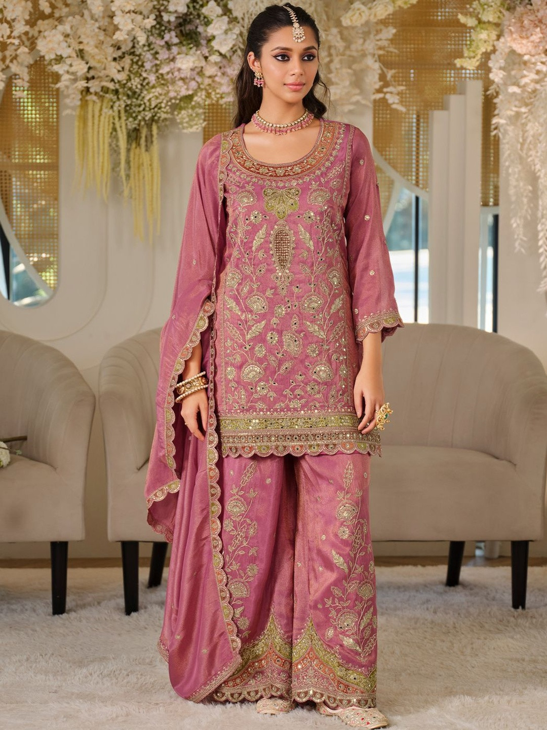 Indo Era Women Ethnic Motifs Embroidered Regular Thread Work Kurta with Sharara & With Dupatta