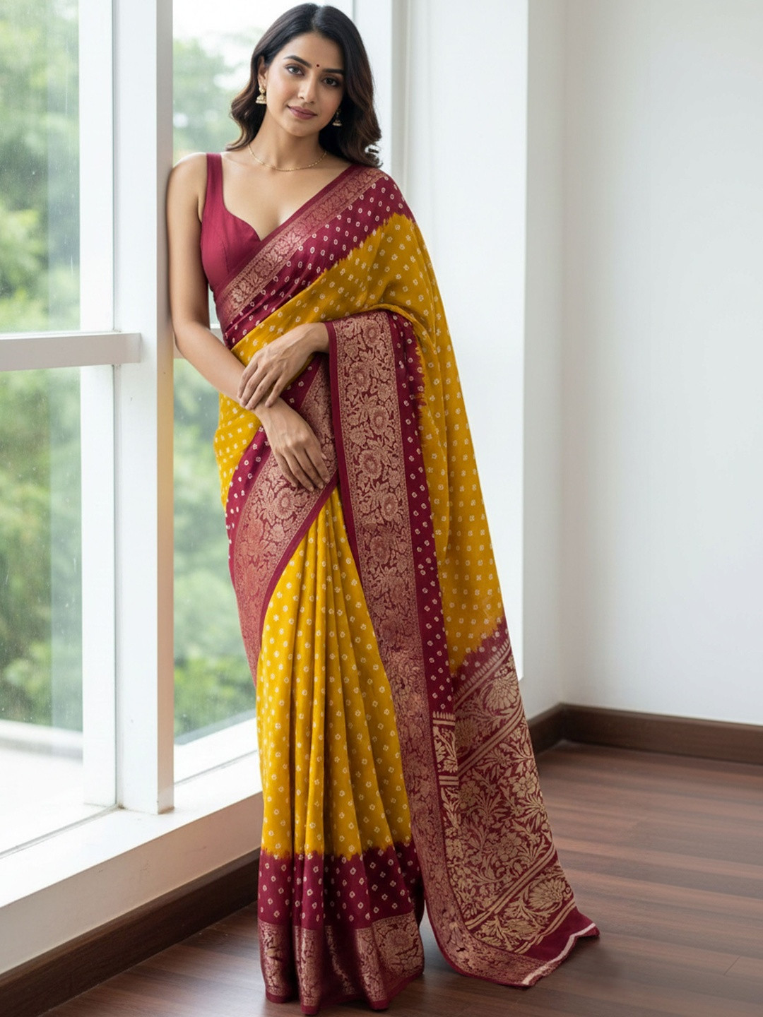 MAGNEITTA Bandhani Zari Pure Dola Silk Bandhani Saree