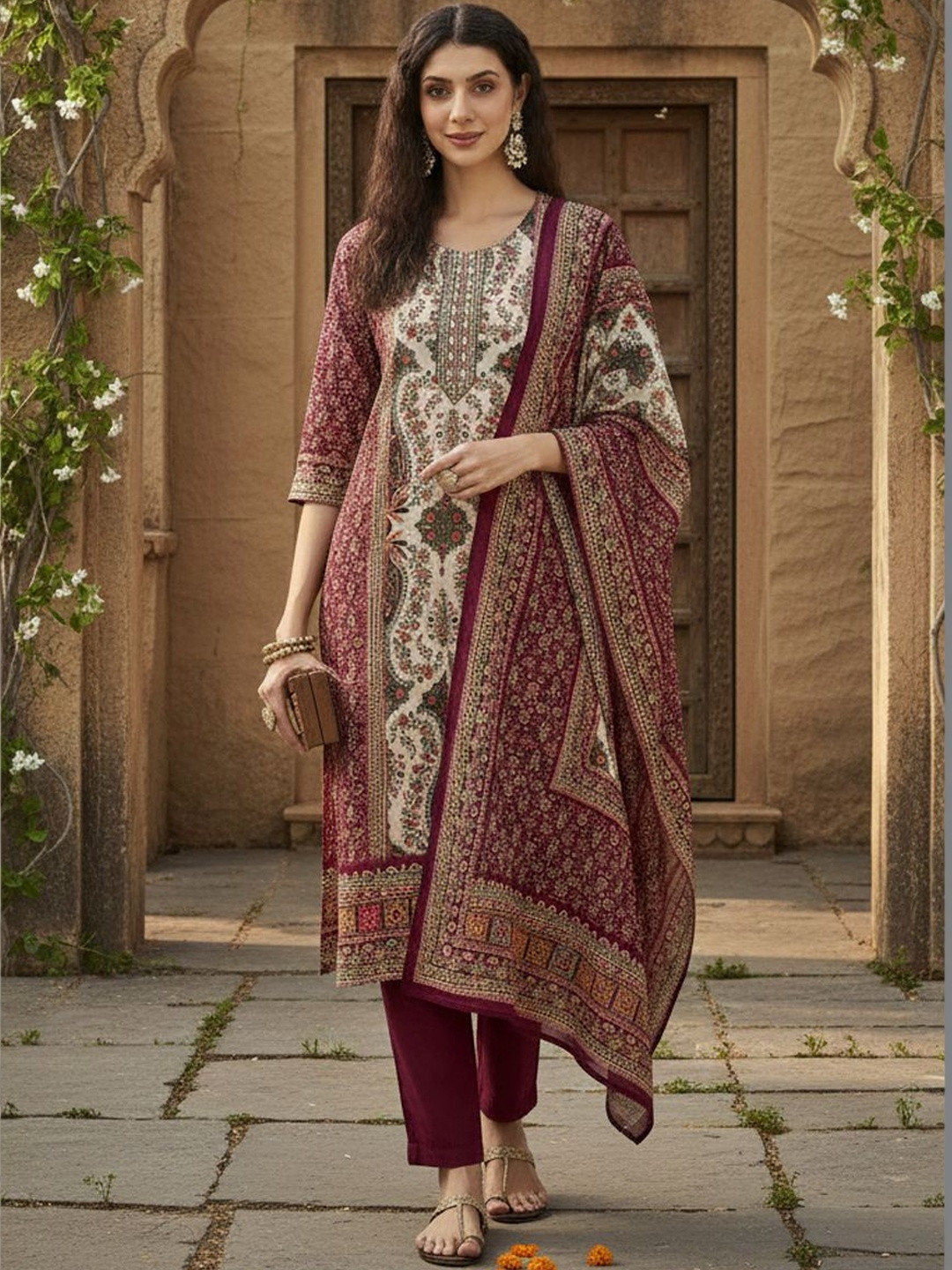 AADVIKA Women Ethnic Motifs Printed Regular Pure Cotton Kurta with Trousers & With Dupatta