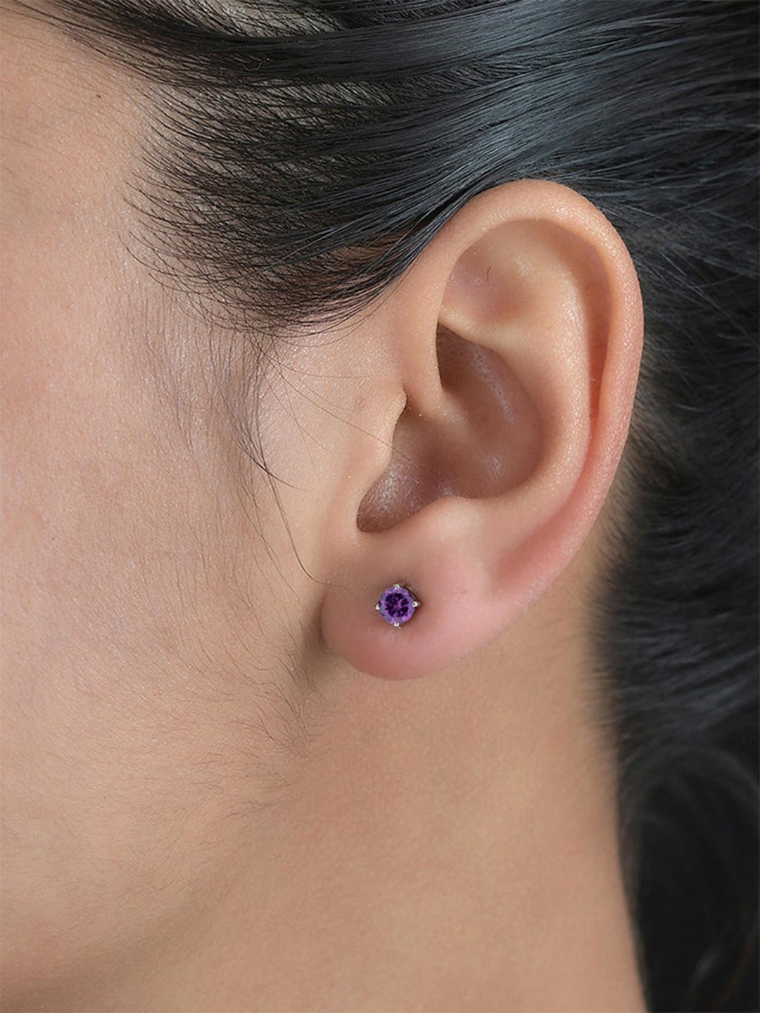 Ornate Jewels 925 Sterling Silver Rhodium-Plated Amethyst Solitaire Stone Studded Studs
