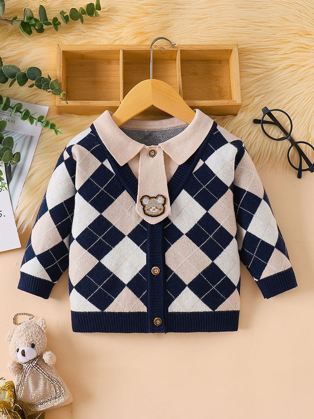 Hopscotch Checkered Argyle Checked Full Sleeves Cardigan