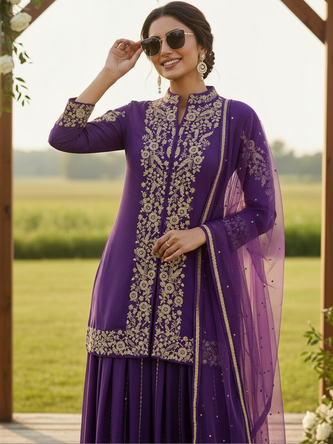 Anouk Women Ethnic Motifs Embroidered Panelled Thread Work Kurta with Sharara & With Dupatta
