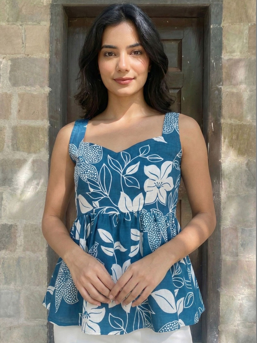DHAKRE FASHION Floral Print Sweetheart Neck Cotton Peplum Top
