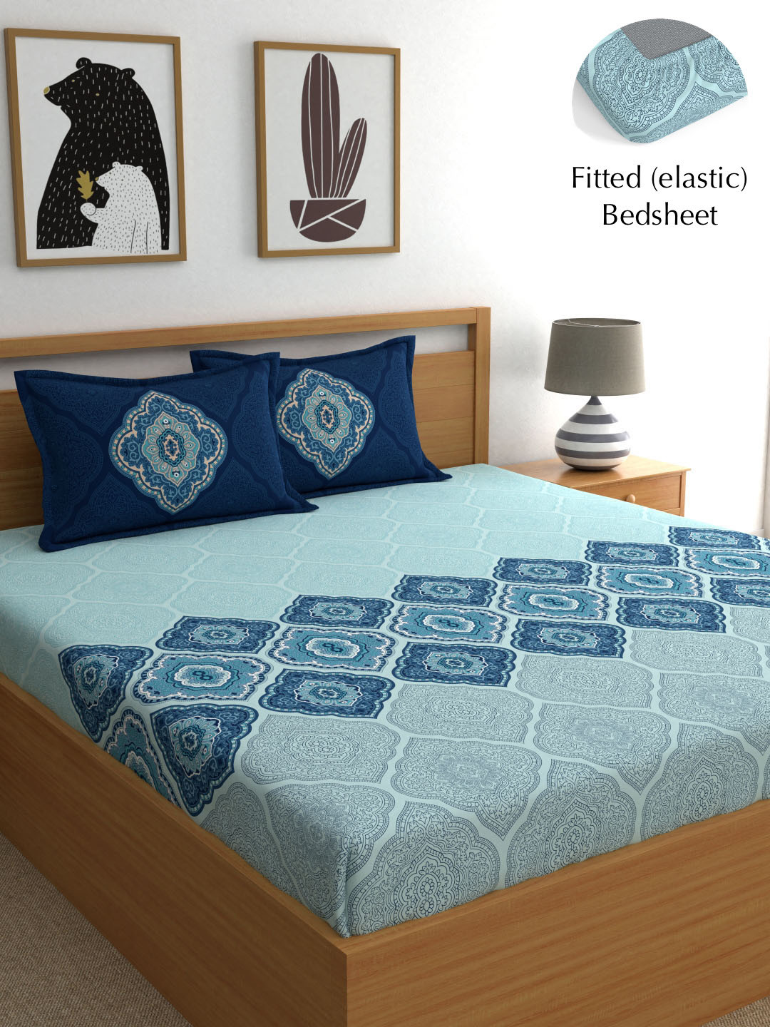 Dreamscape Blue Ethnic Motifs Pure Cotton 144 TC Fitted King Bedsheet with 2 Pillow Covers-72 x 78 inches