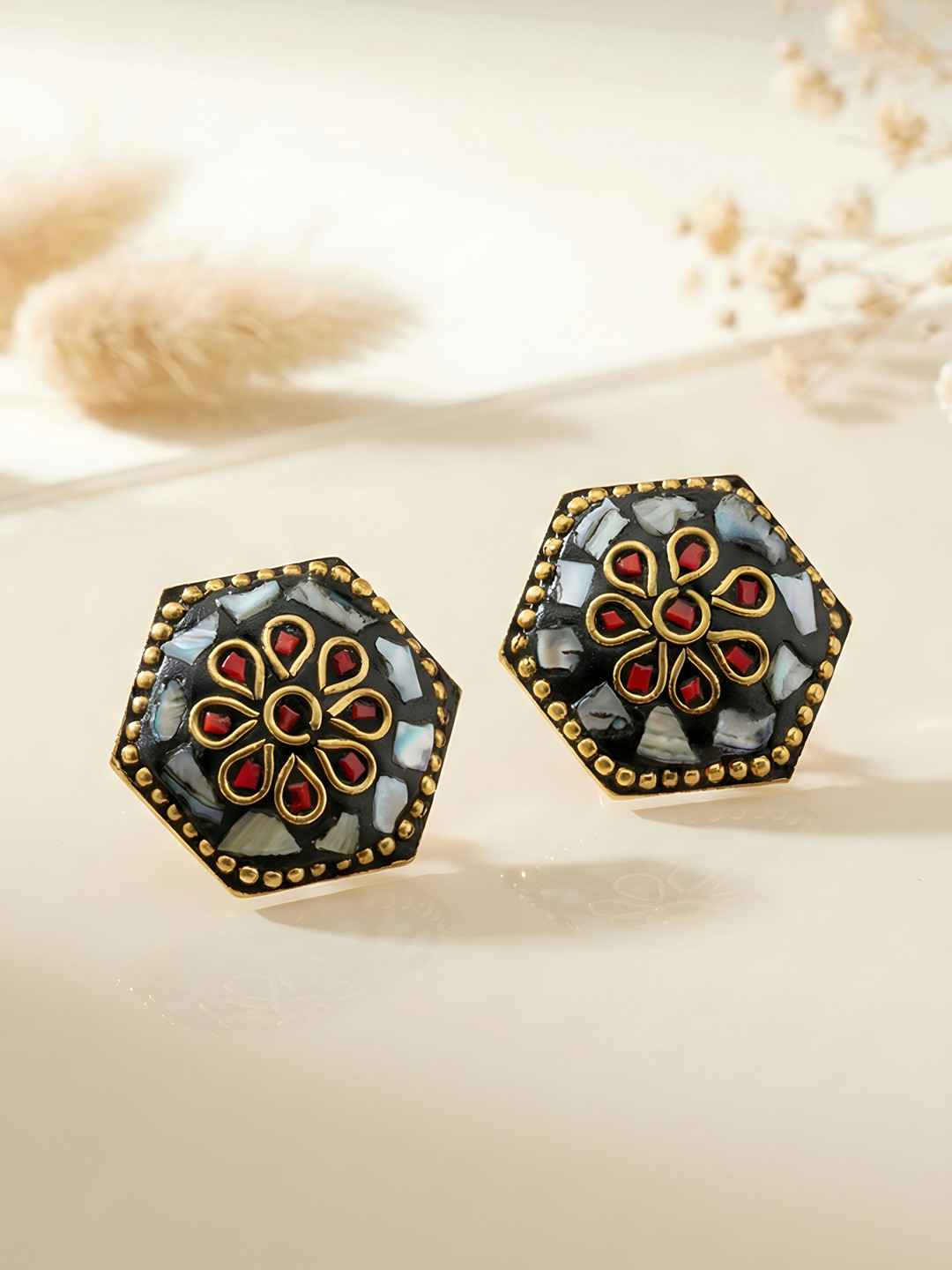ADIVA Gold Plated Hexagon Shape Black Metal Floral Statement Casual Wear Stud Earrings